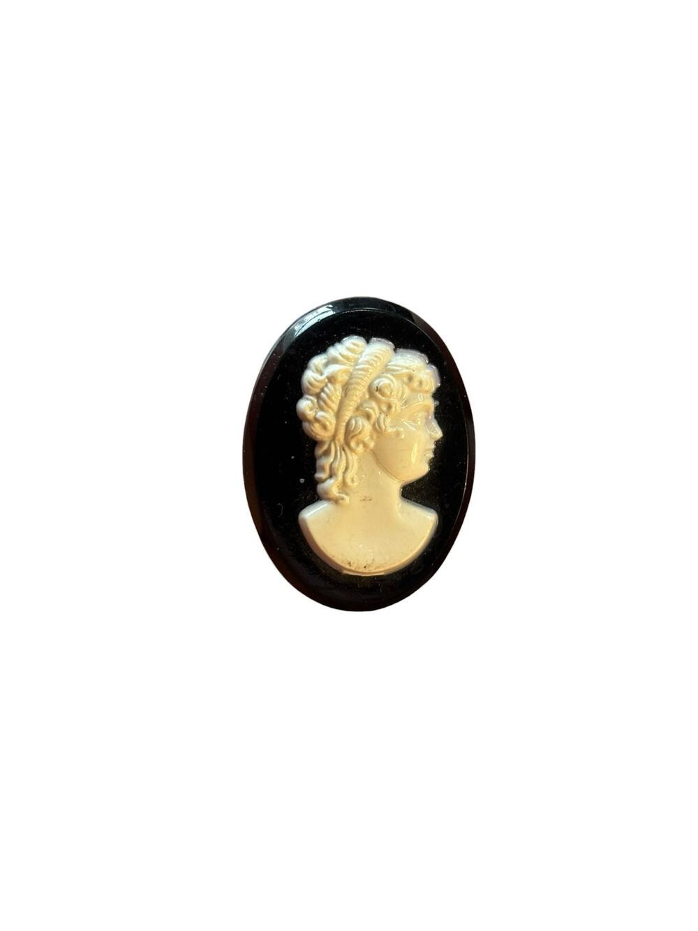 Vintage Cameo Brooch Black White Lucite Resin Oval Classical Lady Mid Century
